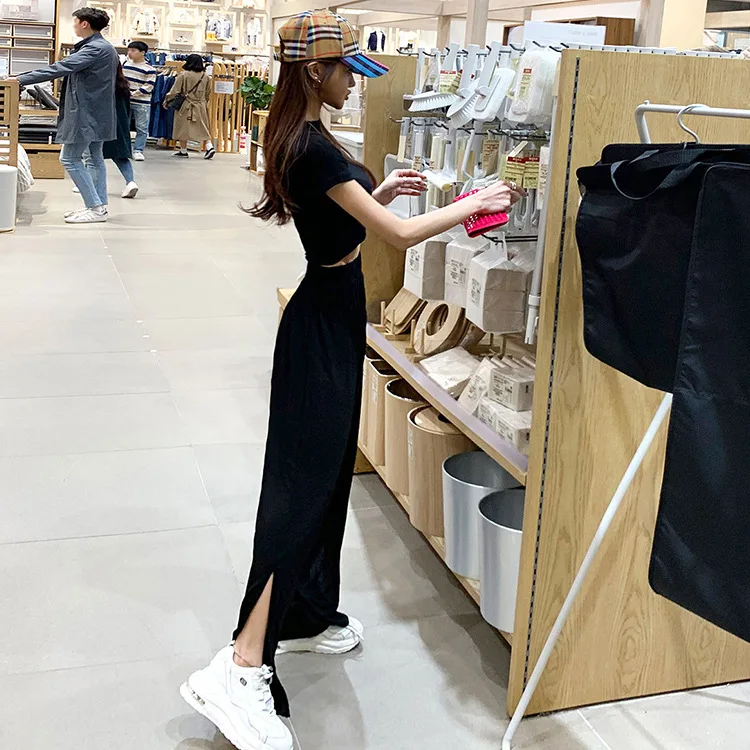

Currently Available! 2019 Spring And Summer New Style South Korea-Short Sleeve High-waisted Wide Open Fork Loose Pants Fashion L