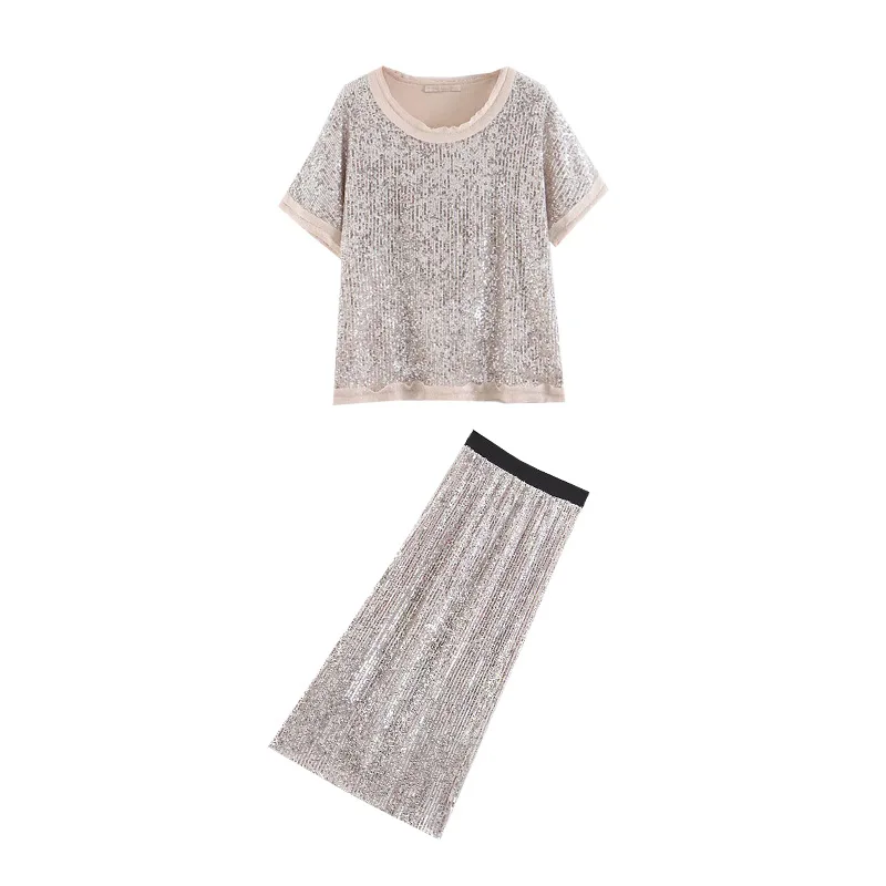 

-Style Two-Piece Set Casual Flashing Sequin Short Sleeve Pullover T-shirt Tops + High-waisted Elastic Mid-length Skirt