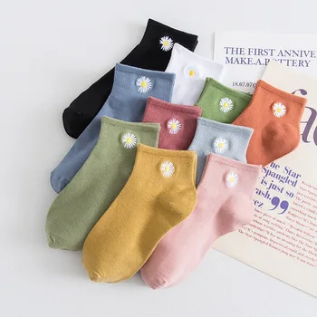 

Short Socks Women Cotton Daisy Woman Sock Flowers Happy Solid Color Standard Sox High Quality Ladies Spring Trendy Lady Sokken