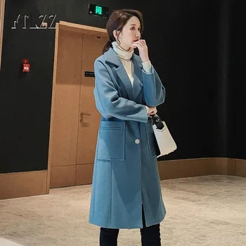 

Ladies Pink Wool Coat Fashion Autumn Winter Turn Down Collar Korean Style Long Woolen Jacket Women Single Breasted Outerwear