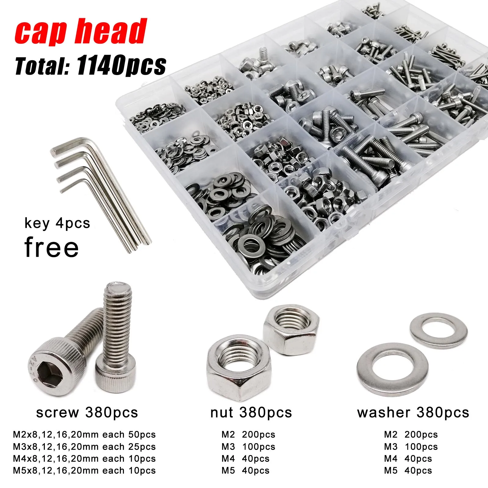 1140pcs M2 M3 M4 M5 304 Stainless Steel Allen Hexagon Hex Socket Cap Button Flat Thin Head Screw Bolt Nut Washer Key Set Kit Box