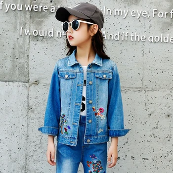 

IENENS Kids Jeans Coat Girls Jackets Spring Autumn Embroide Short Denim Outerwear Clothes Children Turn-down Collar Loose Jacket