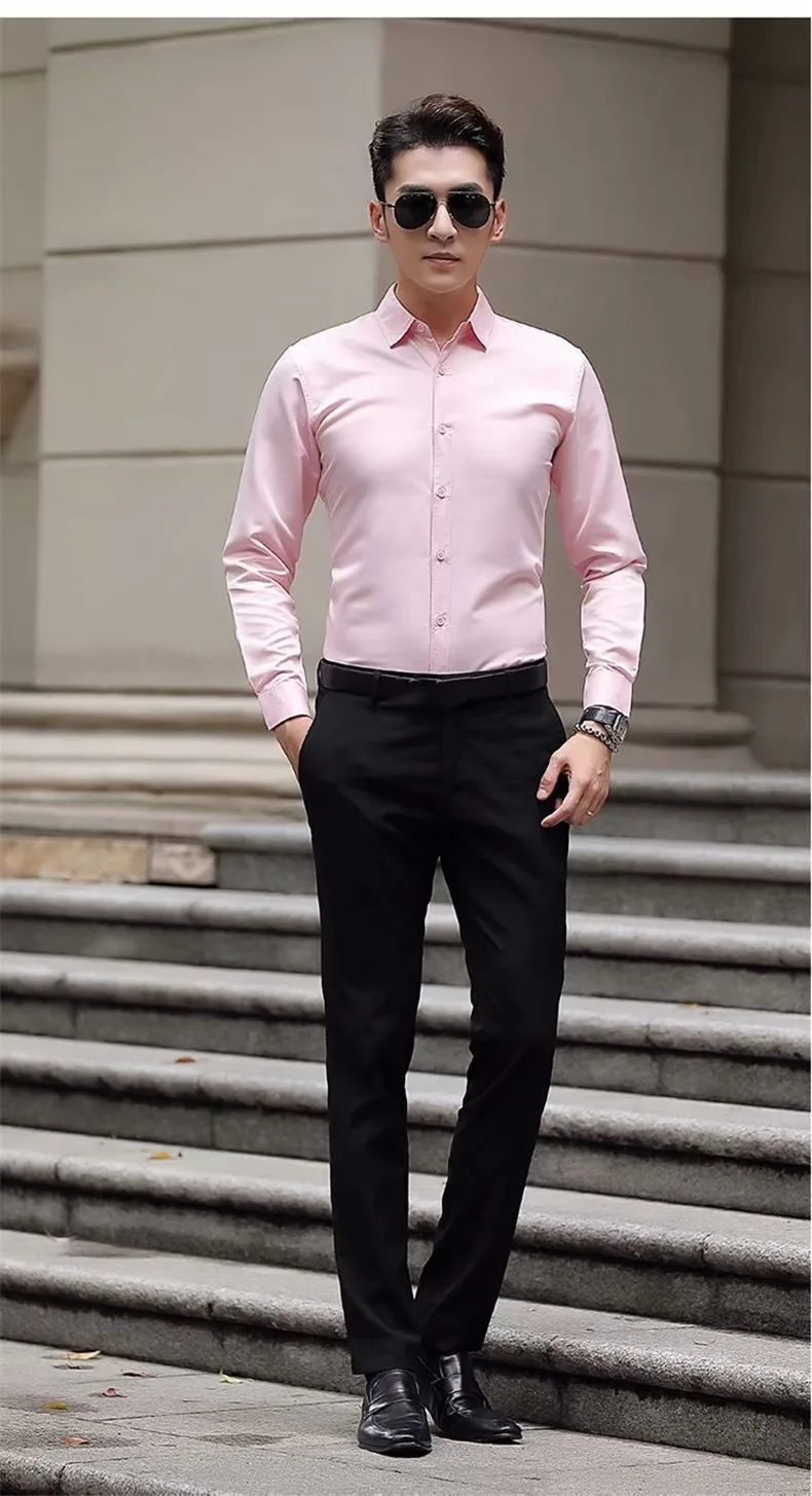 Мужская повседневная Однотонная рубашка с длинными рукавами, облегающая мужская деловая рубашка, мягкая удобная мужская одежда