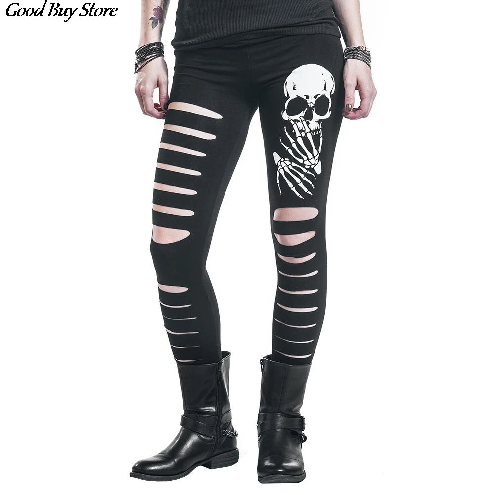Gothic Punk Style Black Jeans Women Skull Trousers Slim Denim Jeans