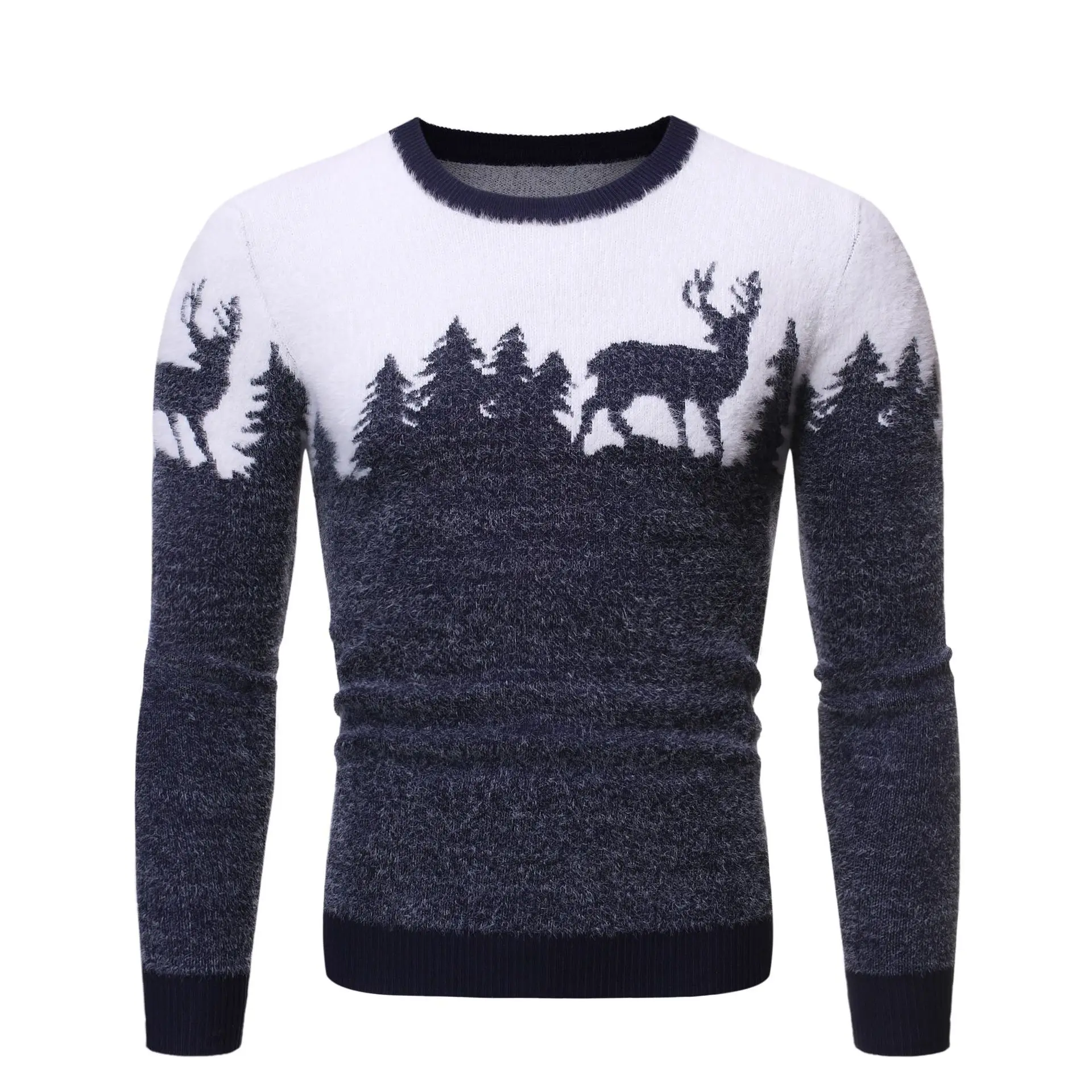 Christmas sweater men winter thick warm coats h igh quality pullover deer print sweater male red slim fit casual pullover - Цвет: Тёмно-синий