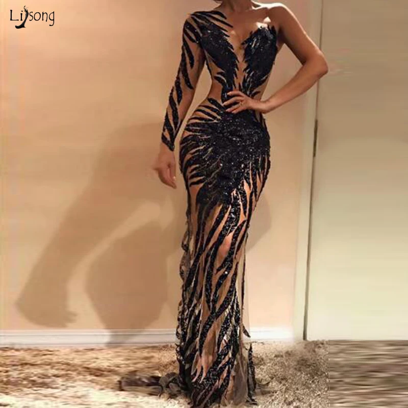 Haute Couture Zwarte Jurken Avond Een Schouder Applique Sequin Mermaid Prom Jassen Sexy Volledige Mouw robe de soiree Formele Jurk Haute Couture Zwarte Jurken Avond Een Schouder Applique Sequin Mermaid Prom Jassen Sexy Volledige Mouw robe de soiree Formele Jurk