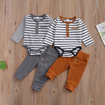 lioraitiin 2 Pcs Baby Boy Girl Casual Suit Clothing Round Neck Long Sleeve Stripe Romper Button Decoration Loose Trousers 2