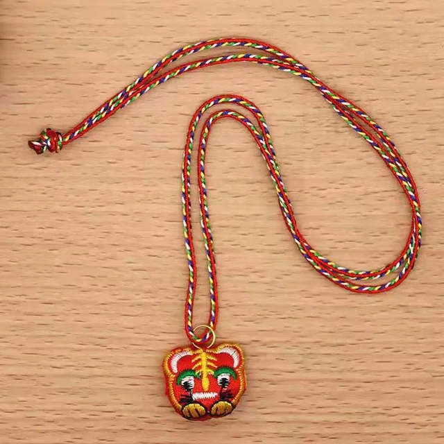 10 Pieces Retro Of Ethnic Embroidery Tiger Head Gourd Children s Necklace Adjustable Colorful Rope Braided Sachet Lady Necklaces