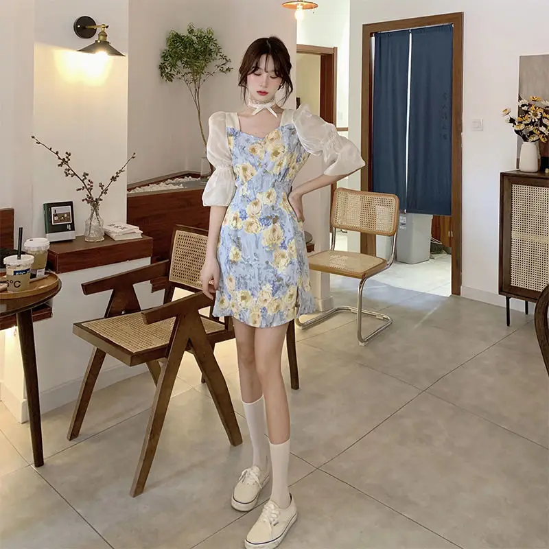 Dresses Women Spliced Romantic Printed Korean Style Elegant Empire Side-slit Feminine Trendy Vestdios Sweet Female Puff Sleeve zara dresses