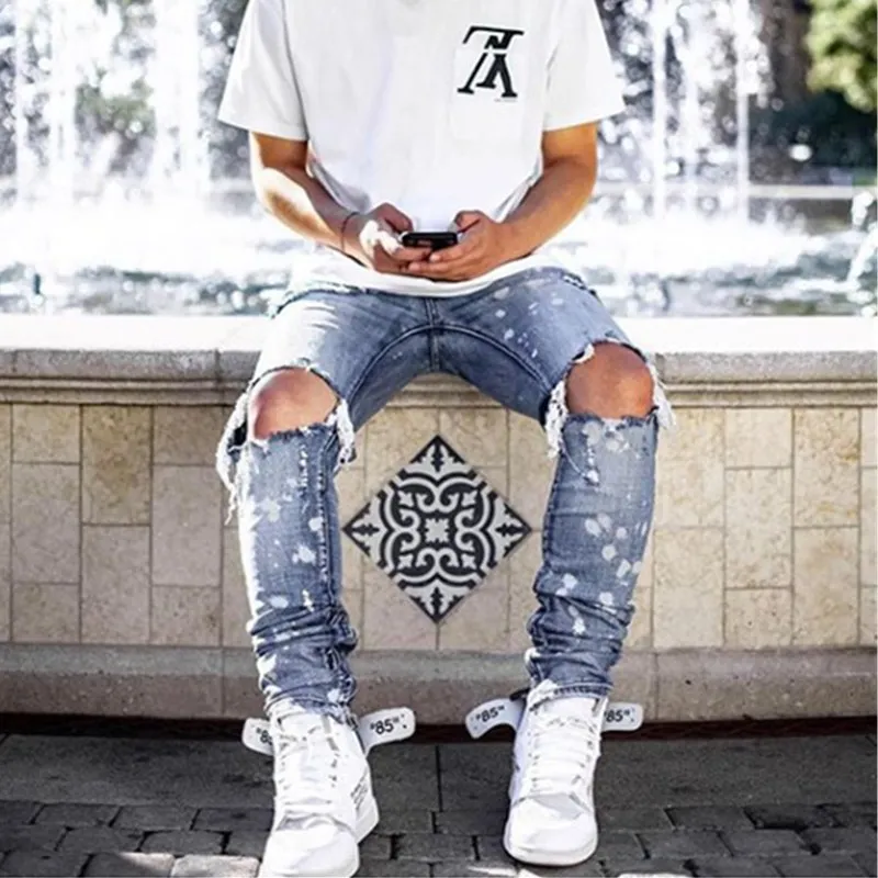 Los hombres de Hip Hop Color de luz elástico Skinny agujeros de motorista Slim Jeans de moda de ocio las calles los hombres de alta calidad de Jean
