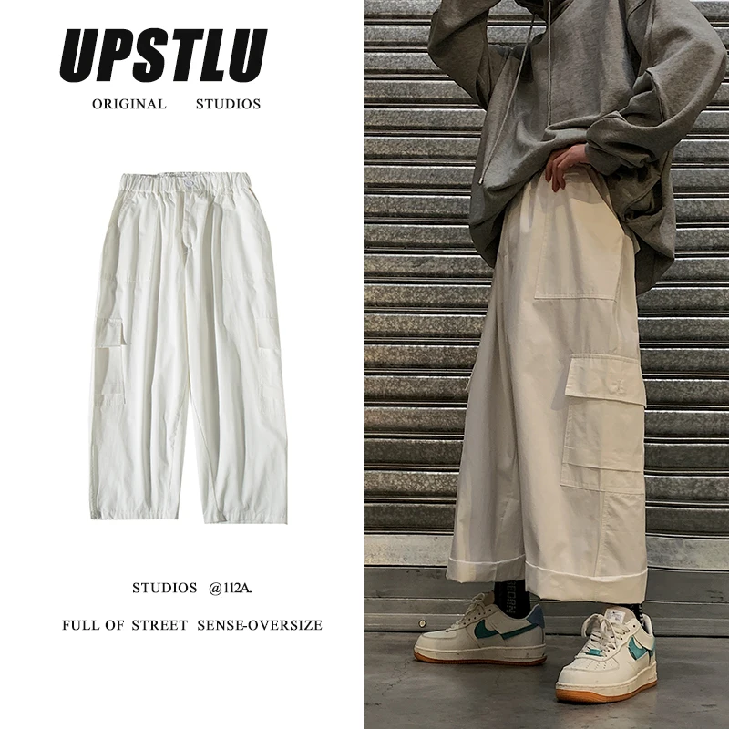 

Stretch Waist Casual Pants Men's Fashion Solid Color Multi-pocket Overalls Men Streetwear Hip-hop Loose Straight Trousers Mens