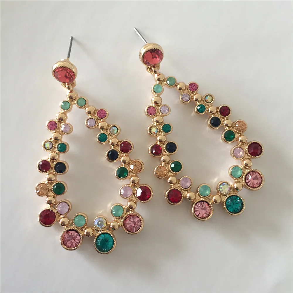 

2019 New Trend Gold color Multi color Gem Rhinestone Tear Drop shap Dangle Earrings Bling Bling for Women Gift