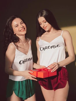 

Suphis Russian Letter Print Pajamas With Shorts Women V Neck Strap Pyjama Sexy Femme Summer Sleepwear Satin Pyjama Night Suit