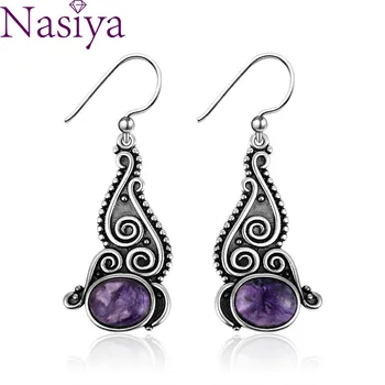 

8X10 Natural Charoite Beads Earrings DIY Retro Style 925 Sterling Silver Drop Earrings Women Fashion Wedding Party