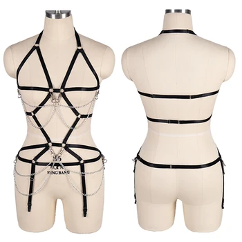 

Women Full Harness Bra Set Elastic Strappy Metal Chain Hollow Out Body Harness Caged Bra Cupless Bra Crop Top Strappy Lingerie