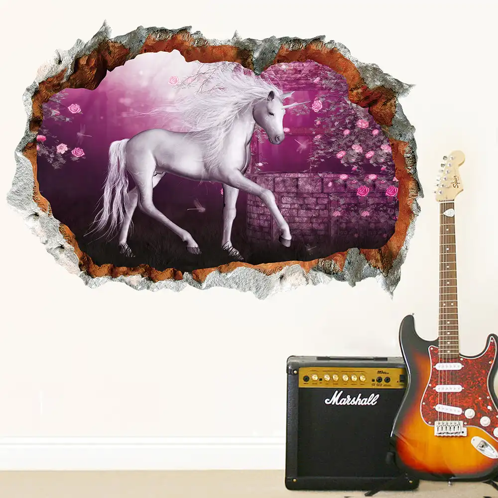 魔法のユニコーン馬鳥ウォールステッカー 3d 壁ブレーク効果壁のステッカーの壁紙子供の寝室のデカールのポスター壁画 ウォール ステッカー Aliexpress