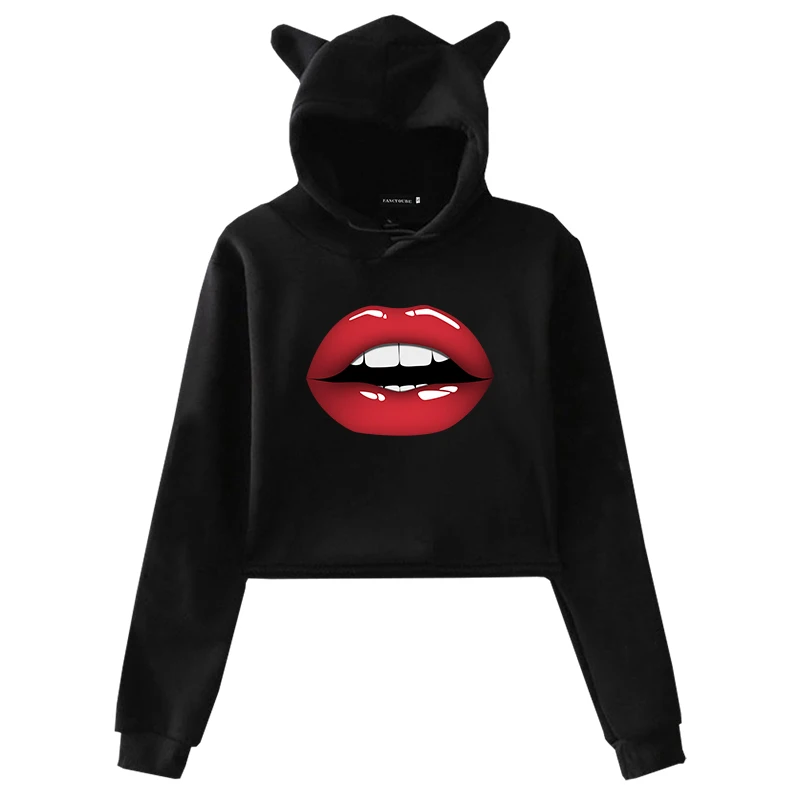 

Lovely Car Ear Hooded Sweatshirst Female Lips Printed Sexy Crop Top Sexy Autumn Women Cropped Sweatshirt Black/White Short Top