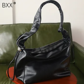 

[BXX] Women Vintage Pleated Shoulder Bag Fashion Handbags PU Leather Large Capacity Tote Bag Casual Women Messenger Bags HJ648
