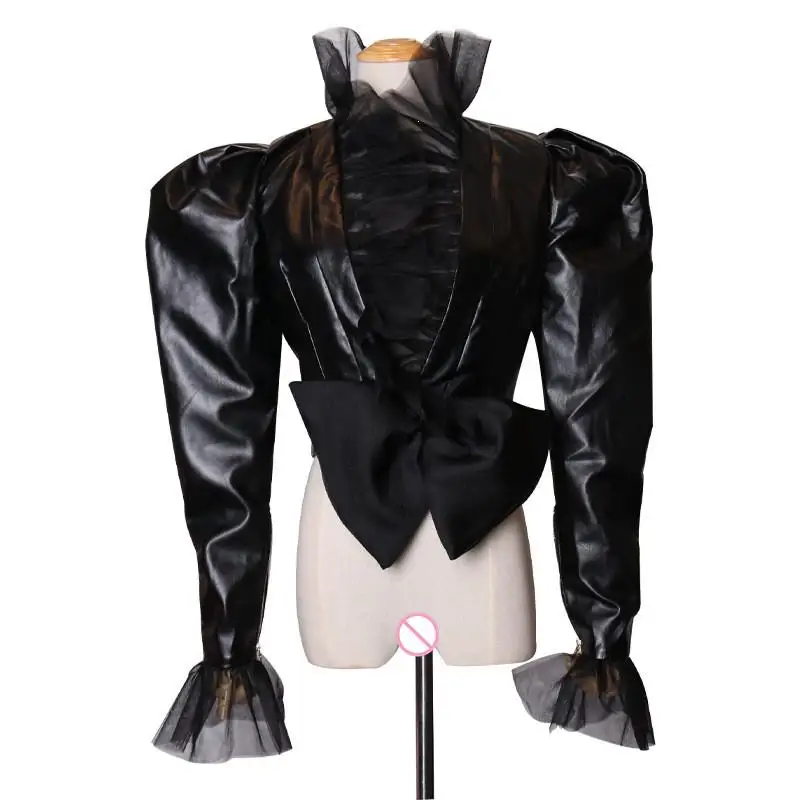 

Women V-Neck Faux Leather Coat Ruffles Sexy Long Puff Sleeve Mesh Patchwork Short Jackets Pu Leather Outerwear Black Coat