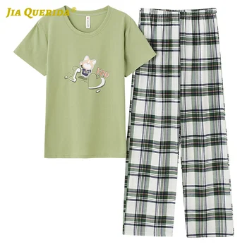 

Ladies New Short Sleeve Green Sleepwear Casual Style Fashion Style Plaid Printing Pijama Set Woman Pjs Woman Woman Clothes