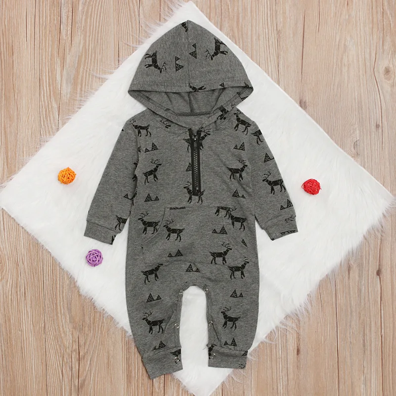 Одежда для новорожденных мальчиков от 6 месяцев до 3 лет комбинезон с капюшоном и рисунком оленя комбинезон с длинными рукавами и капюшоном Новинка года