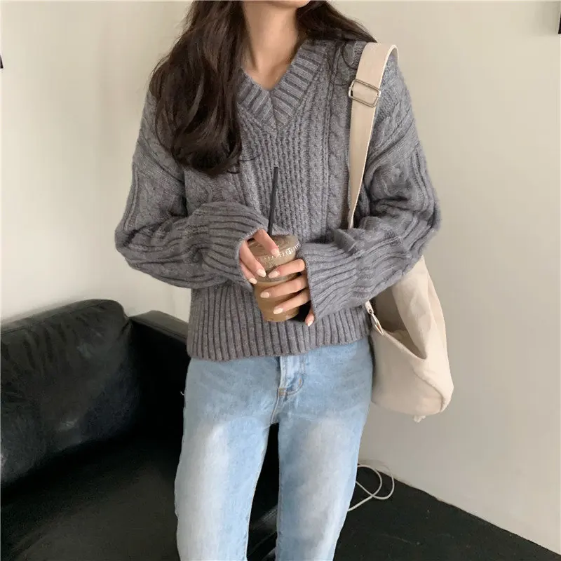 

Alien Kitty Sweet Thicken Loose Twisted New 2019 Autumn V-Neck Stylish Brief Pullovers All-Match Knitted Women Short Sweaters