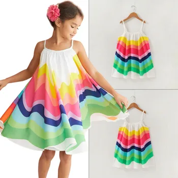 

1-6T Toddler Baby Girl Dress Party Beach Rainbow Knee-Length Sleeveless Dresses Summer Girls Clothes