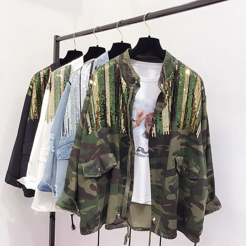 Promo  Boho Camouflage Jacket Women Sequins Shinny Lace Up Denim Coat Bomber Long Sleeve Coats