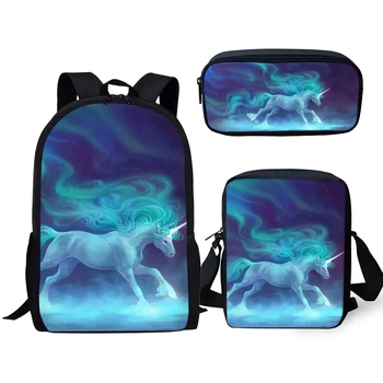 

2020 Children's 3PCs Set Backpack Cartoon Horse Pattern School Bags Students Fantasy Unicorn Print Backpack/Flaps Bag/Pen Bags