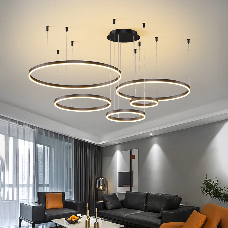 

Postmodern Luxury Circle Chandeliers For Bedroom Living Room Restaurant Lighting Golden Black White Lustre Ring Hanging Lights