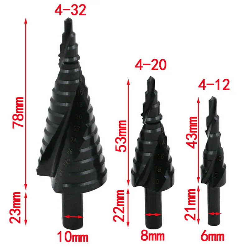 

Spiral step drills 65mm/75mm/100mm high-speed steel nitrided black spiral groove triangular shank titanium plated step drills