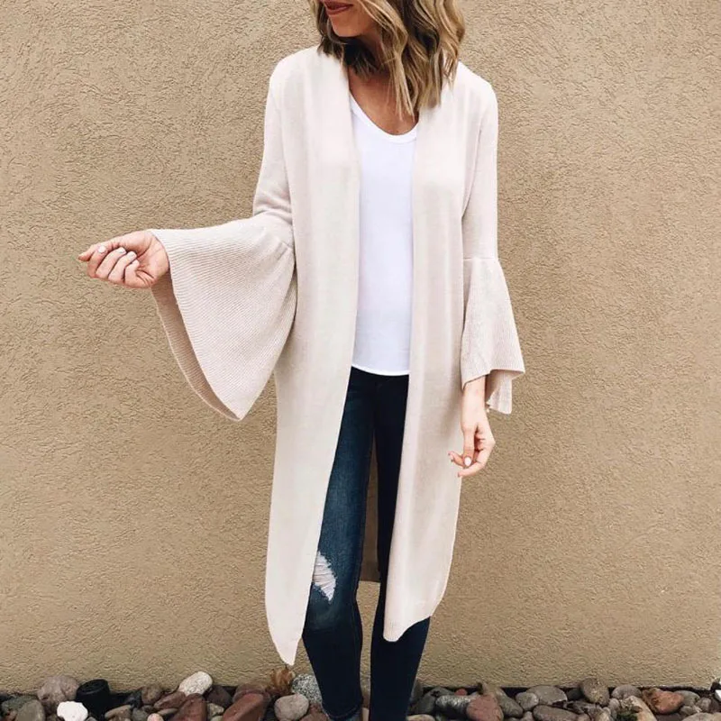 Женский длинный кардиган с расклешенными рукавами пальто осень 2019 вязаный жакет