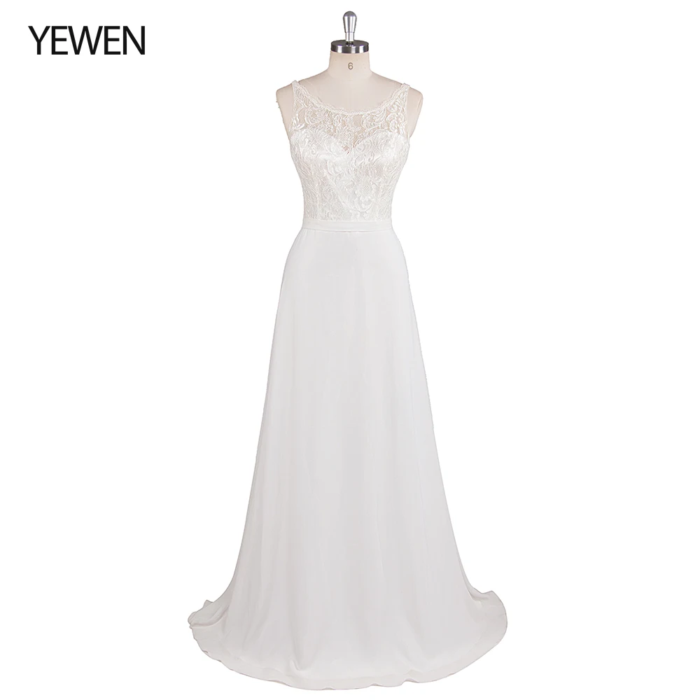 

Cheap Chiffon Wedding Dress Elegant A Line V Neck Lace Sleeveless Long Beach Bridal Gown 2020 Robe De Mariee