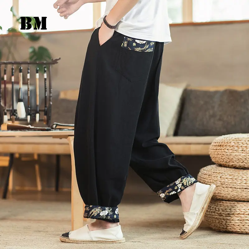 

Chinese Style Loose Plus Size Casual Trousers Men Clothing Ethnic Style Patchwork Cotton Linen Oversized Harem Pants Male