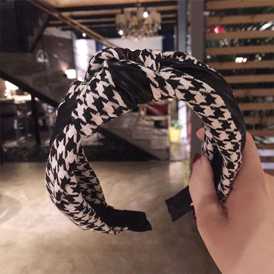 Haimeikang leather PU Stitching Headband Tiara Knotted Bow Wide-brimmed Bezel Head Hoop Korea Houndstooth Hair Accessories