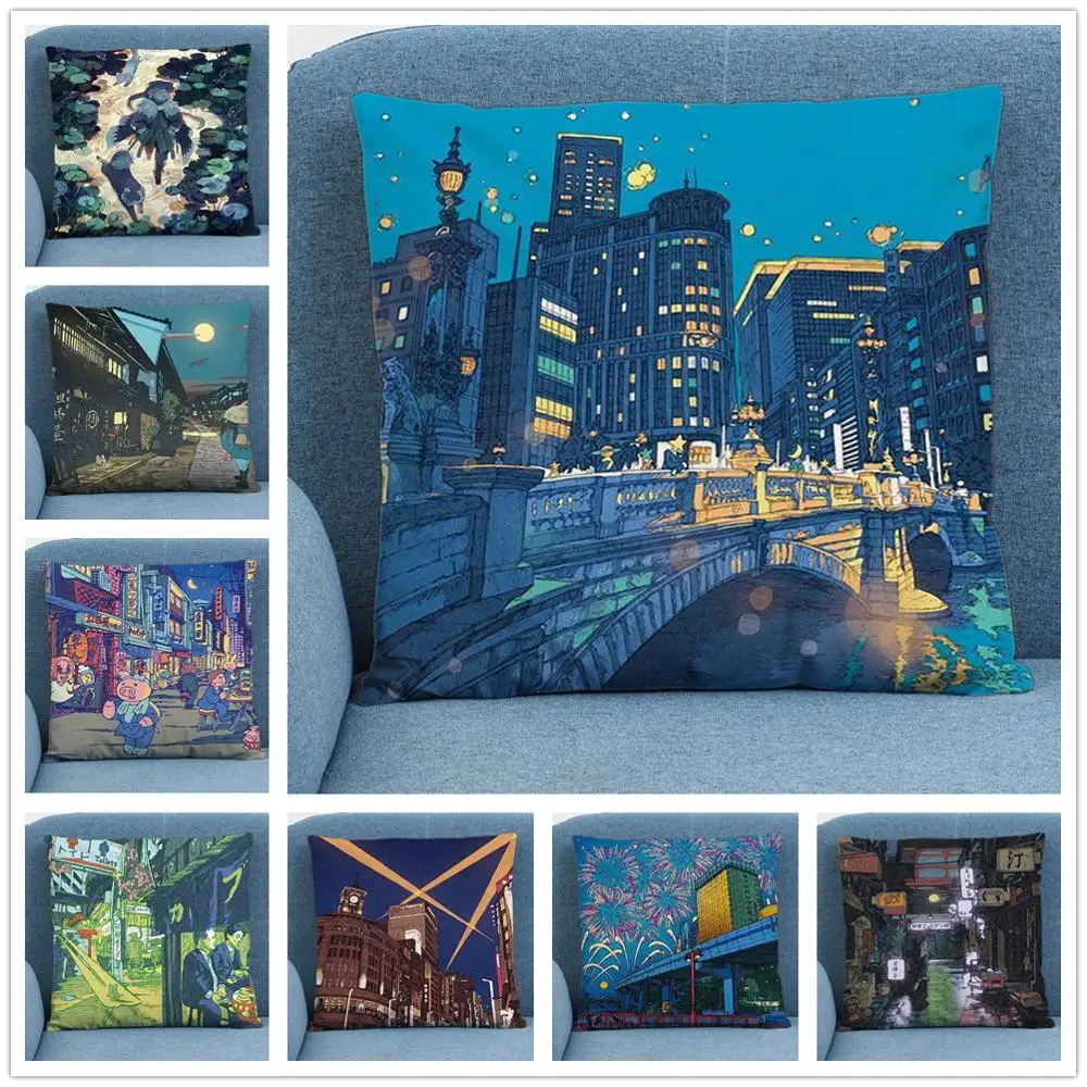 

Anime City Landscape Soft Short Plush Cushion Cover Pillow Case for Home Sofa Car Decor Pillowcase 45X45CM