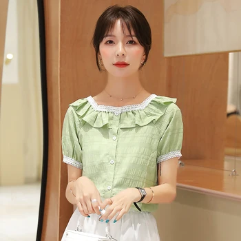 

COIGARSAM Short Sleeve blouse women Chiffon Lace blusas womens tops and blouses Purple Green 9616