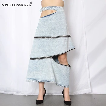

N.POKLONSKAYA Women High Waist Skirt Loose Denim Summer Skirt Hollow Out Asymmetrical Skirts For Female Clothing 2020 Fashion