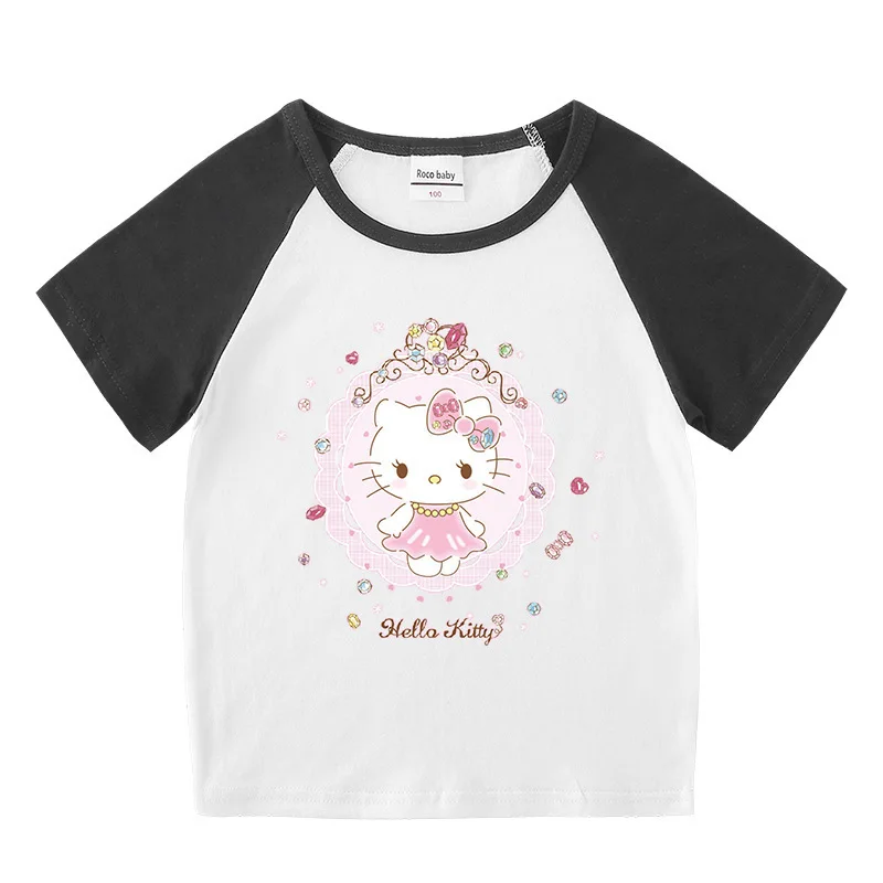 thumbnail image 1 of Hello Kitty algodón cuello redondo nueva camiseta de manga corta de verano para niños niñas niño camiseta raglán camisa de fondo bebé lindo dibujos animados Top, 1 of 4