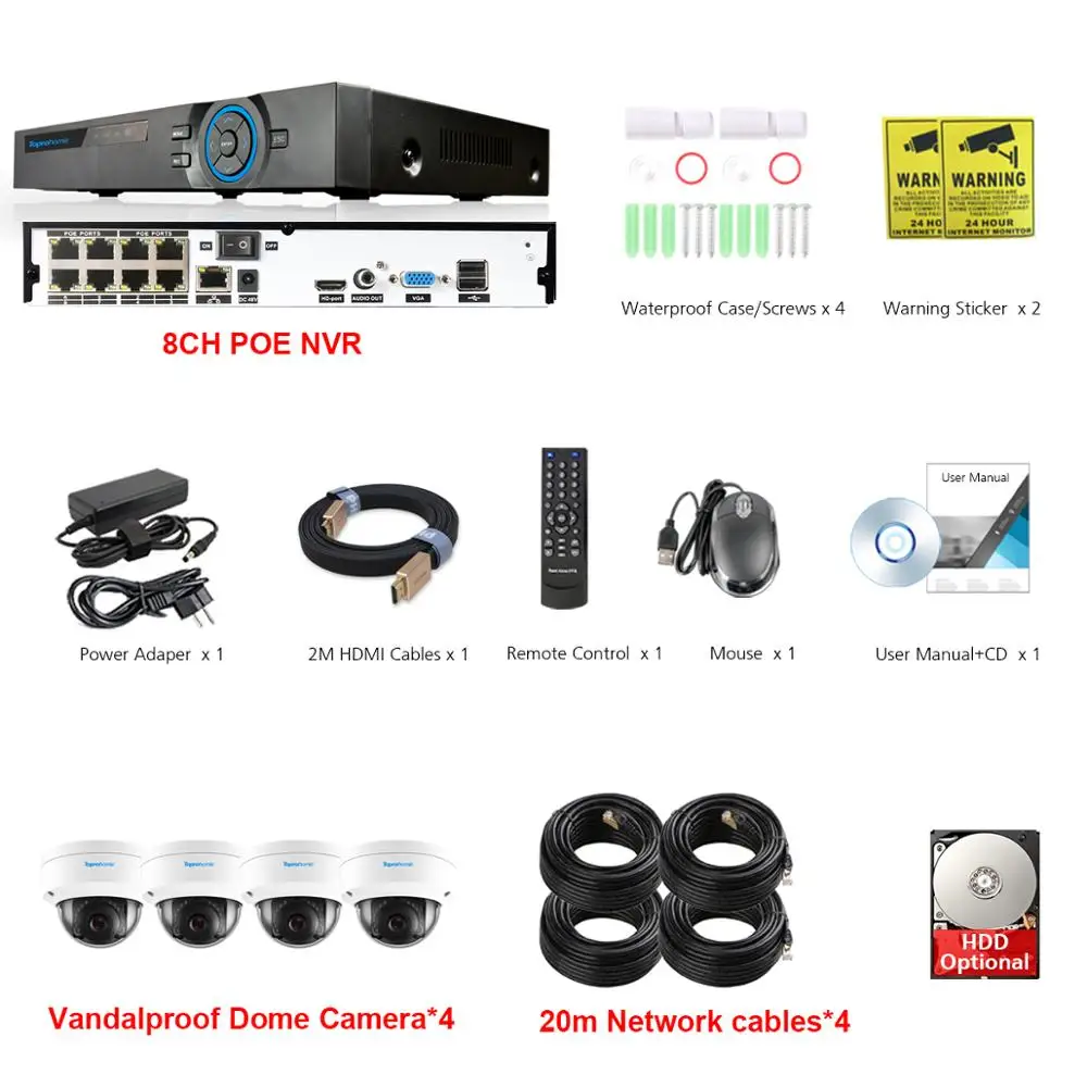 4 Camera with Cables TOPROHOIME H.265+ POE система NVR 8CH 4MP NVR 48V 1.3MP 960P Vandalproof In/наружная безопасность POE ip-камера видеонаблюдения комплект - Цвет: 4 Camera with Cables