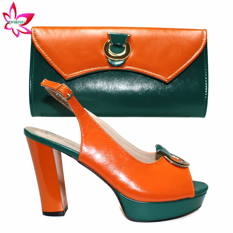 Italian Women Matching Shoes and Bag Set Slingbacks Super Heels Sandals Match for Party in Orangne with Dark Green Color | Обувь