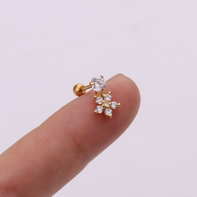 Stainless Steel CZ Cartilage Earring Heart Shaped Flowers Safety Pin Helix Tragus Conch Screw Stud Ear Piercing Jewelry
