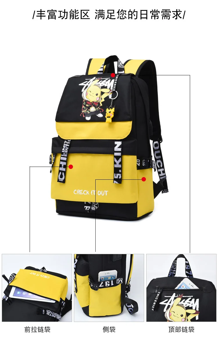 Action Large Pikachu Backpack with USB Charge Line Student Schoolbag Cute Cartoon Pikachu Couple Bags Quality Canvas Bag Gift