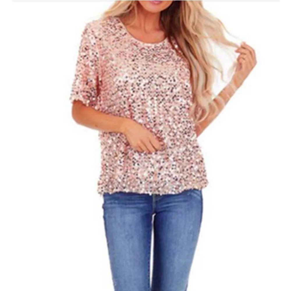 New Women's Sequin Top Round Neck Short Sleeve Rose Gold T-Shirt | Женская одежда