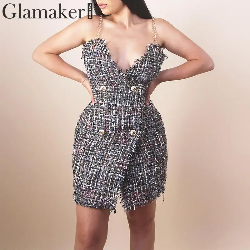 Glamaker твид Черные Короткие вечерние Клубное платье Для женщин осень без рукавов элегантное облегающее платье Женская v образным вырезом пикантная обувь; Сезон Зима; мини-платье
