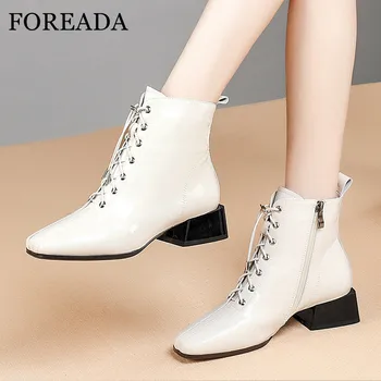 

FOREADA Real Leather Ankle Boots Med Heel Woman Boots Zip Block Heel Shoes Lace Up Square Toe Female Short Boots White Size 42