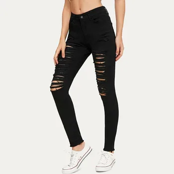 

Ripped Jeans Women High Waist Cotton Denim Fashion Women Black Pants Casual Solid Ripped Slim Fit Skinny Jeans