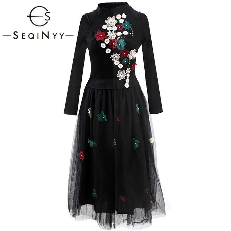 SEQINYY, вязаное платье, весна-осень, новая мода, дизайнерское, женское, длинный рукав, аппликация, цветок, кристалл, сетка, элегантное, миди платье