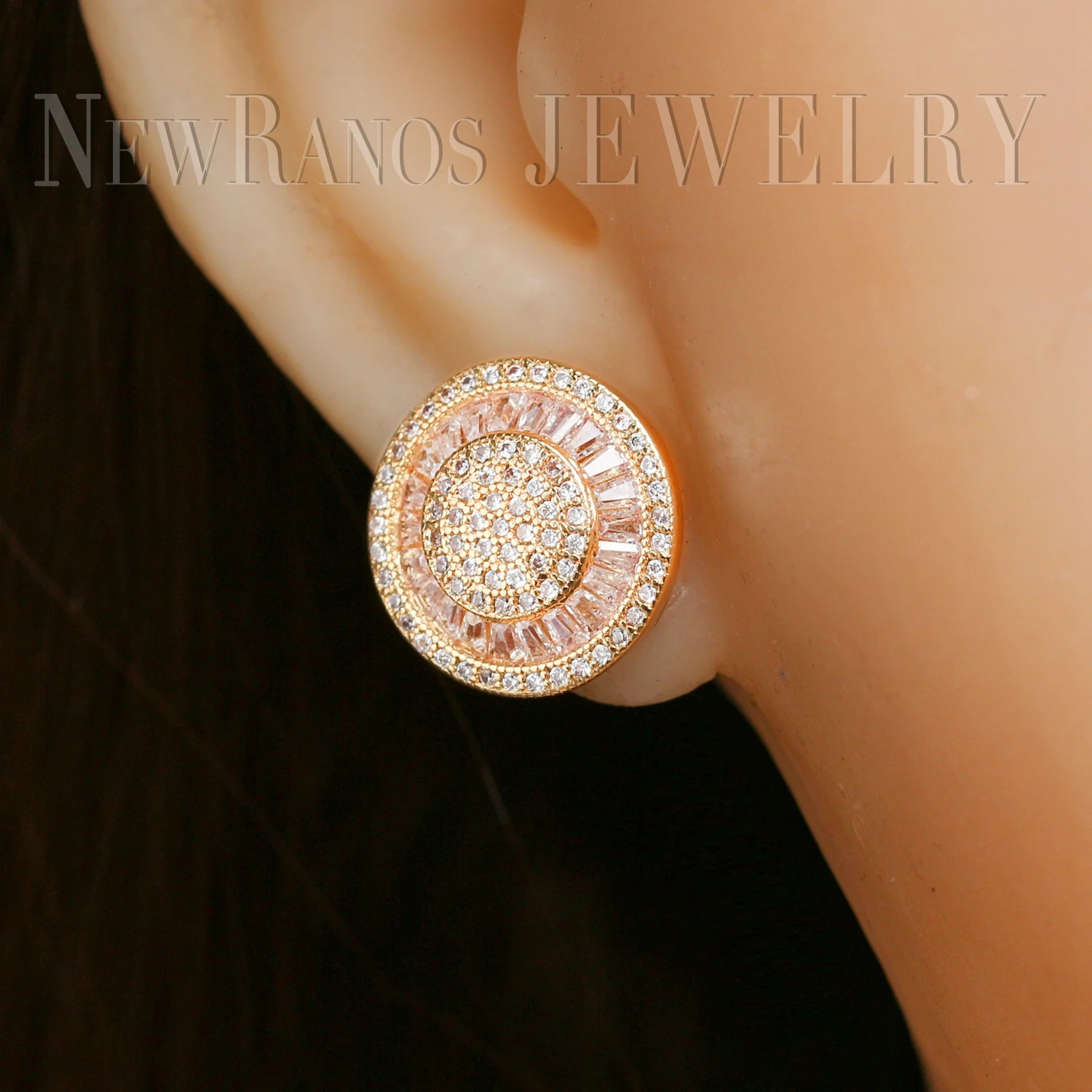 Newranos, серьги-гвоздики цвета шампанского, золотые, проложенные фианитами, круглая форма, очаровательные серьги для женщин, модные ювелирные изделия EHF001722