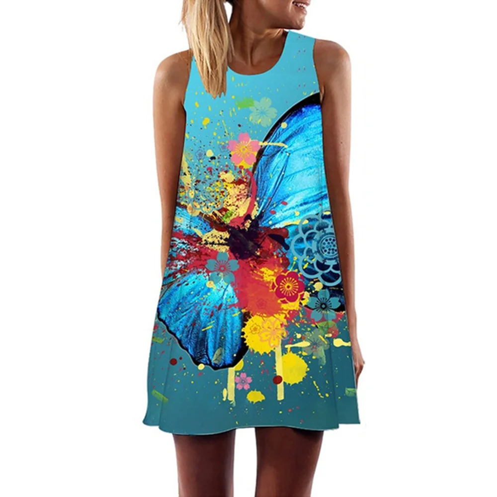 

Tie Dyed Butterfly Print Summer Dress Vintage Boho Off Shoulder Beach Mini Dress Womens Casual Dress